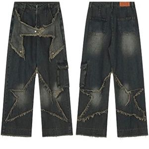 American Vintage Men's Jeans Star Embroidery Multi Pocket Jeans Men's Loose Wide